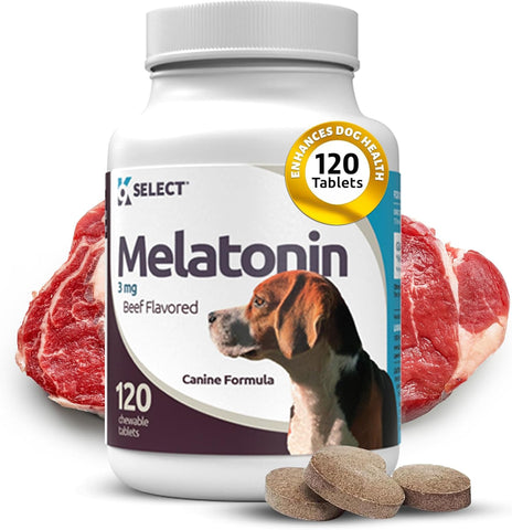 K9 Select Melatonin for Dogs, 3 mg - 120 Beef Flavored Chewable Tablets - Dog Melatonin for Smaller Breeds - Gentle Well-Being Enhancer - Healthy, Tasty Dog Treats That Promote Overall Health