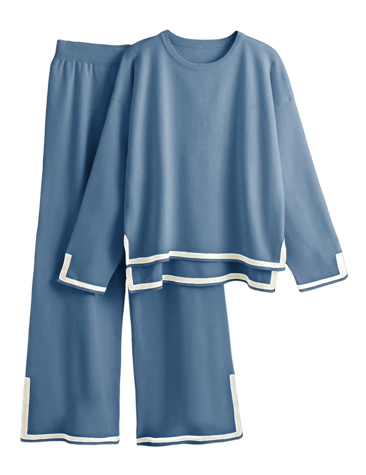 Faleave Women's Knit 2 Piece Outfits Long Sleeve Sweater Pullover Tops Wide Leg Pants Tracksuits Lounge Set(Blue-XL)
