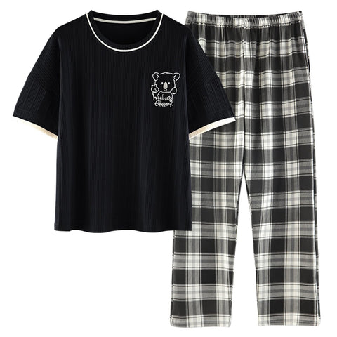 GOSO Girls Pyjamas Set Round Neck Pullover Soft Short Sleeves Top Long Pant Nightwear Girls Loungewear PJ Set (Black,M)