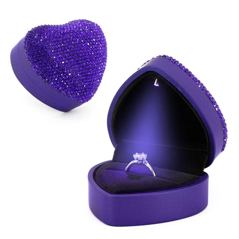 Naimo Rhinestone Heart Shaped Ring Box with LED Light Velvet Earrings Coin Jewelry Box Display Case Gift Box for Proposal Engagement Wedding Anniversary Valentines