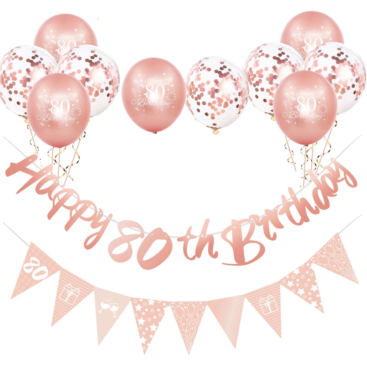 Rose Gold 80th Birthday Decorations for Women,12pcs 80th Birthday Decor Kit Happy 80th Birthday Bunting Banner Triangle Flag Banner 80th Birthday Balloons for Lady Her 80th Birthday Party Decorations