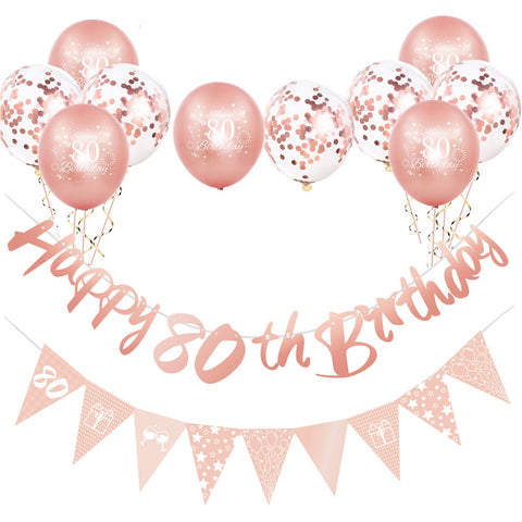 Rose Gold 80th Birthday Decorations for Women,12pcs 80th Birthday Decor Kit Happy 80th Birthday Bunting Banner Triangle Flag Banner 80th Birthday Balloons for Lady Her 80th Birthday Party Decorations