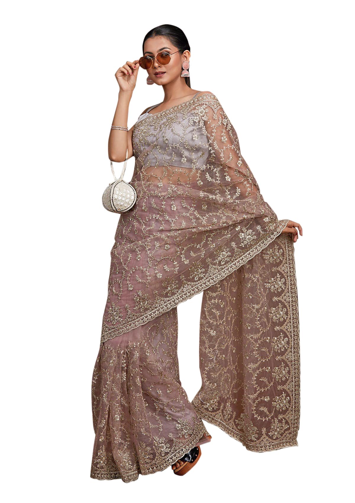 TRENDMALLS Women's Net Embroidery Saree with Unstitch Blouse Piece (K1083-Grey)
