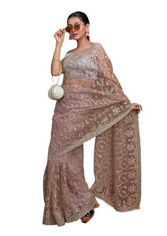 TRENDMALLS Women's Net Embroidery Saree with Unstitch Blouse Piece (K1083-Grey)