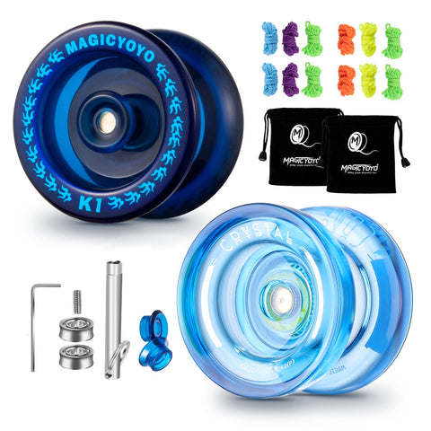MAGICYOYO K1 Dark Blue & K2 Crystal Blue Plastic Responsive Fingerspin Yoyo for Kids Beginners with 2 Unresponsive Yoyo Bearings for Dual Purpose Use, 2 Yoyo Bags, 12 Yoyo Strings