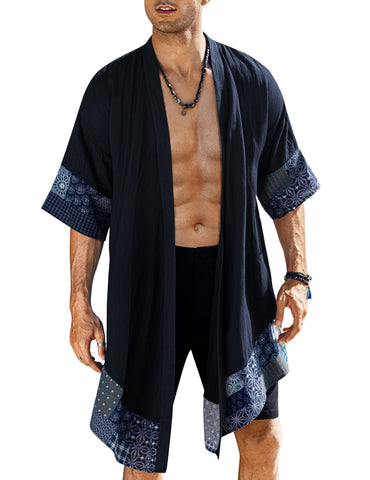 COOFANDY Men's Cotton Linen Cardigan Kimono Style Poncho Cloak Open Front Cape,Navy Blue,Large