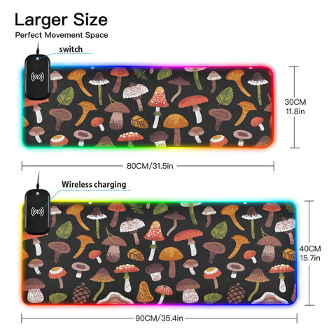 Cute Mushrooms and Leaves Wireless Charging Mouse Pad for Mobile Phone Extra Large Gaming Mousepad with 13 Lighting Modes Mouse Mat for Office Home Gaming MacBook PC Laptop Desk
