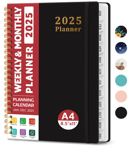 2025 Planner - Weekly and Monthly Planner Spiral Bound, January 2025 - December 2025, Hardcover 2025 Calendar Planner Book with Tabs, Inner Pocket, Perfect for Office Home School Supplies - A4 (8.5" x 11"), Black