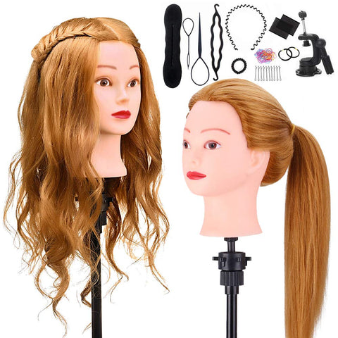 Mannequin Head with 60% Human Hair, TopDirect 20" Blonde Real Hair Cosmetology Mannequin Head Hair Styling Hairdressing Practice Training Doll Heads with Clamp Holder and Tools