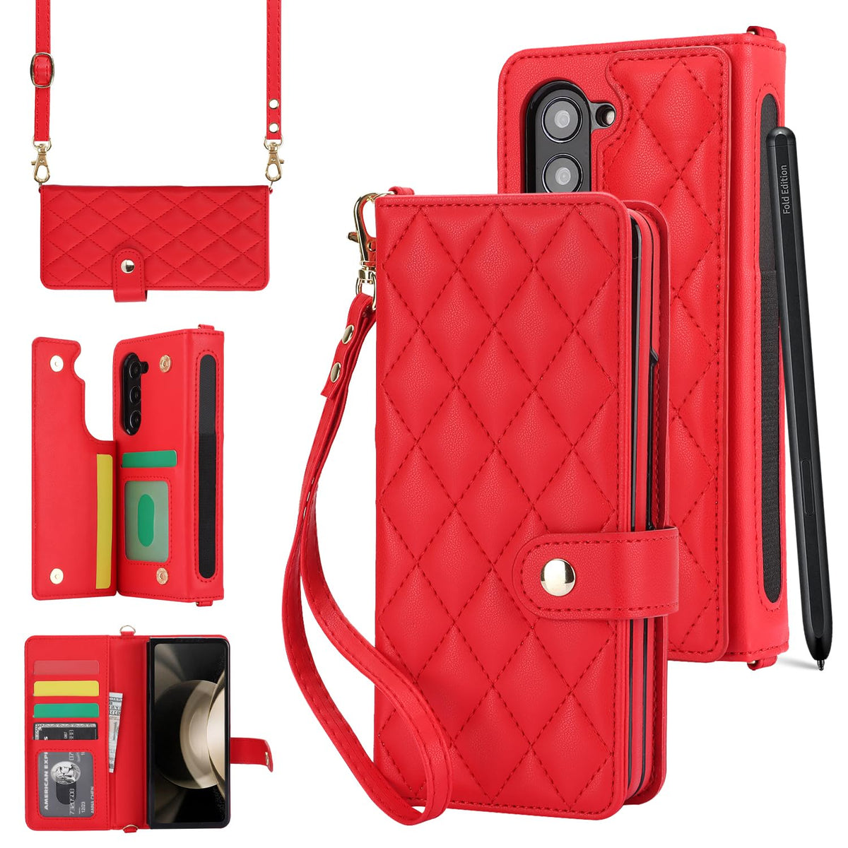 XIMAND for Samsung Galaxy Z Fold 5 Wallet Case with 6 Credit Card Slots and S-Pen Slot, RFID Blocking, Adjustable Strap, Multi Card Function Premium Leather Magnetic Clasp Kickstand Cover.(Red)