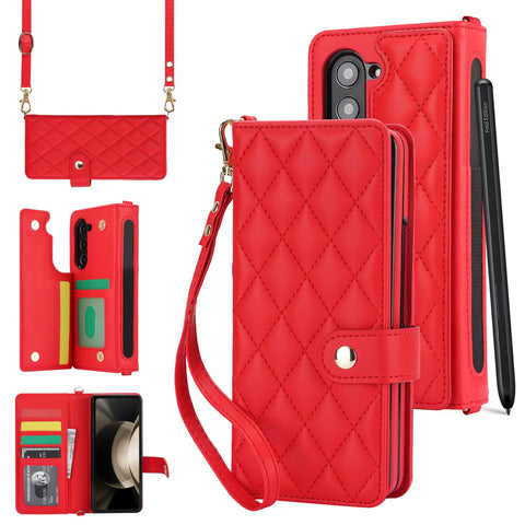 XIMAND for Samsung Galaxy Z Fold 5 Wallet Case with 6 Credit Card Slots and S-Pen Slot, RFID Blocking, Adjustable Strap, Multi Card Function Premium Leather Magnetic Clasp Kickstand Cover.(Red)