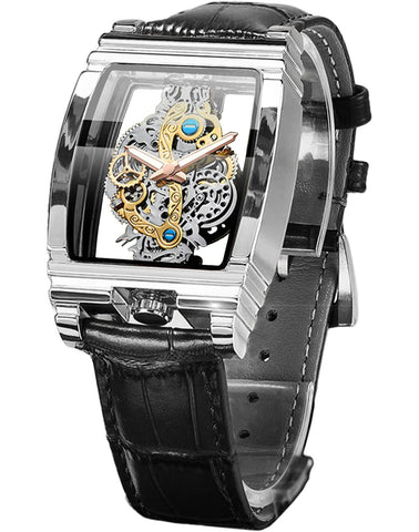FORSINING Men's Luxury Hollow Skeleton Watch Retro Gorgeous Gear Carving Design Rectangle Tonneau Large Dial Leather Belt & Stainless Steel Band Quartz Wristwatch Not Mechanical Watches, Black Silver