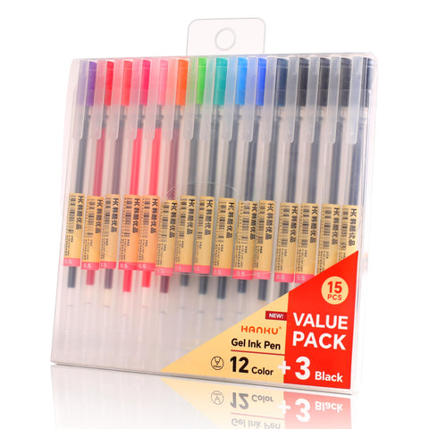 HANKU Gel Ink Pens, 0.5mm 15Pcs Colorful Pens Ballpoint Smooth Writing pens,Multicolor Roller Ball Pens for Writing,Journaling,Note Taking,Drawing, Japanese Stationery Needle Tip Bullet Journal Pens