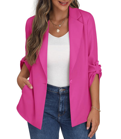 PrinStory Womens Long Sleeve Lapel Open Front Casual Blazers Jacket with Pockets for Work Office with Buttons Pockets (Hot Pink, 10-12)
