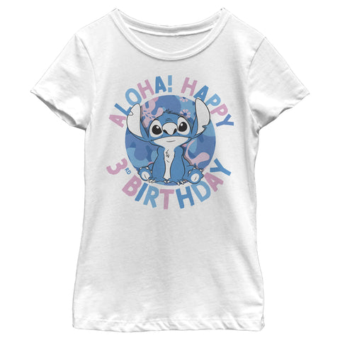 Disney Lilo Stitch 3rd Birthday Girl's Solid Crew Tee, White, X-Small