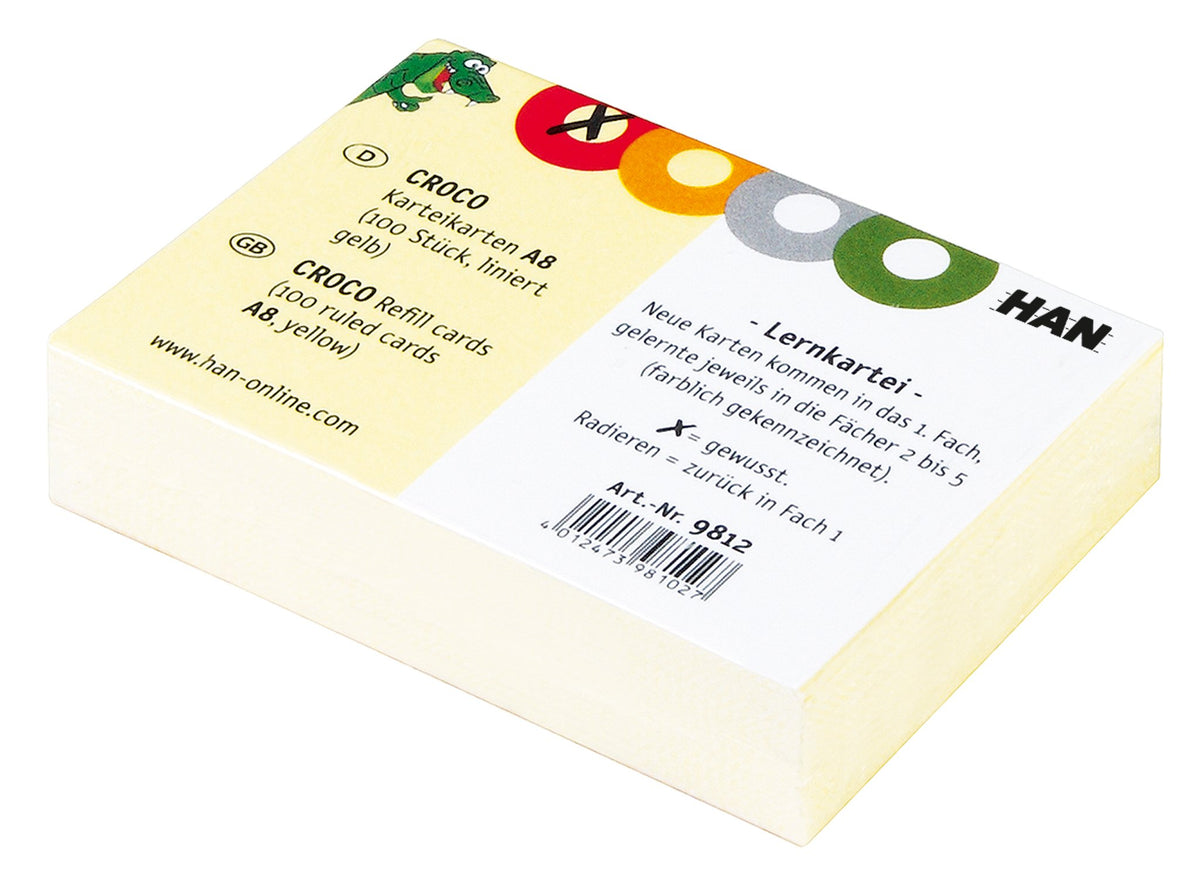 HAN 9812, CROCO Record Cards. Sturdy cardboard, printed in colour, A8 landscape, 10 packs of 100 cards each, yellow