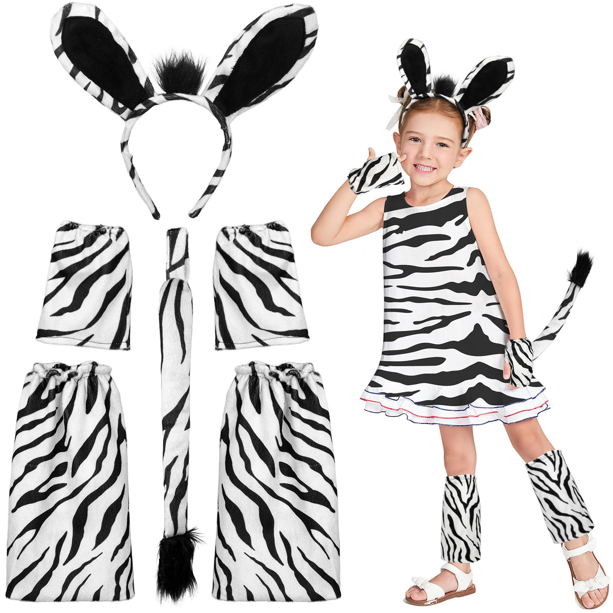 Hifot 6Pcs Zebra Animal Costume Set, Zebra Ears Headband Gloves Tail Leg Warmer Set, Zebra Animal Dress Up Animal Costume Accessories for Kids Adults for Cosplay Halloween Carnival Theme Party Favors