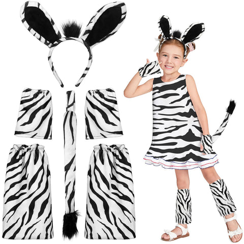 Hifot 6Pcs Zebra Animal Costume Set, Zebra Ears Headband Gloves Tail Leg Warmer Set, Zebra Animal Dress Up Animal Costume Accessories for Kids Adults for Cosplay Halloween Carnival Theme Party Favors