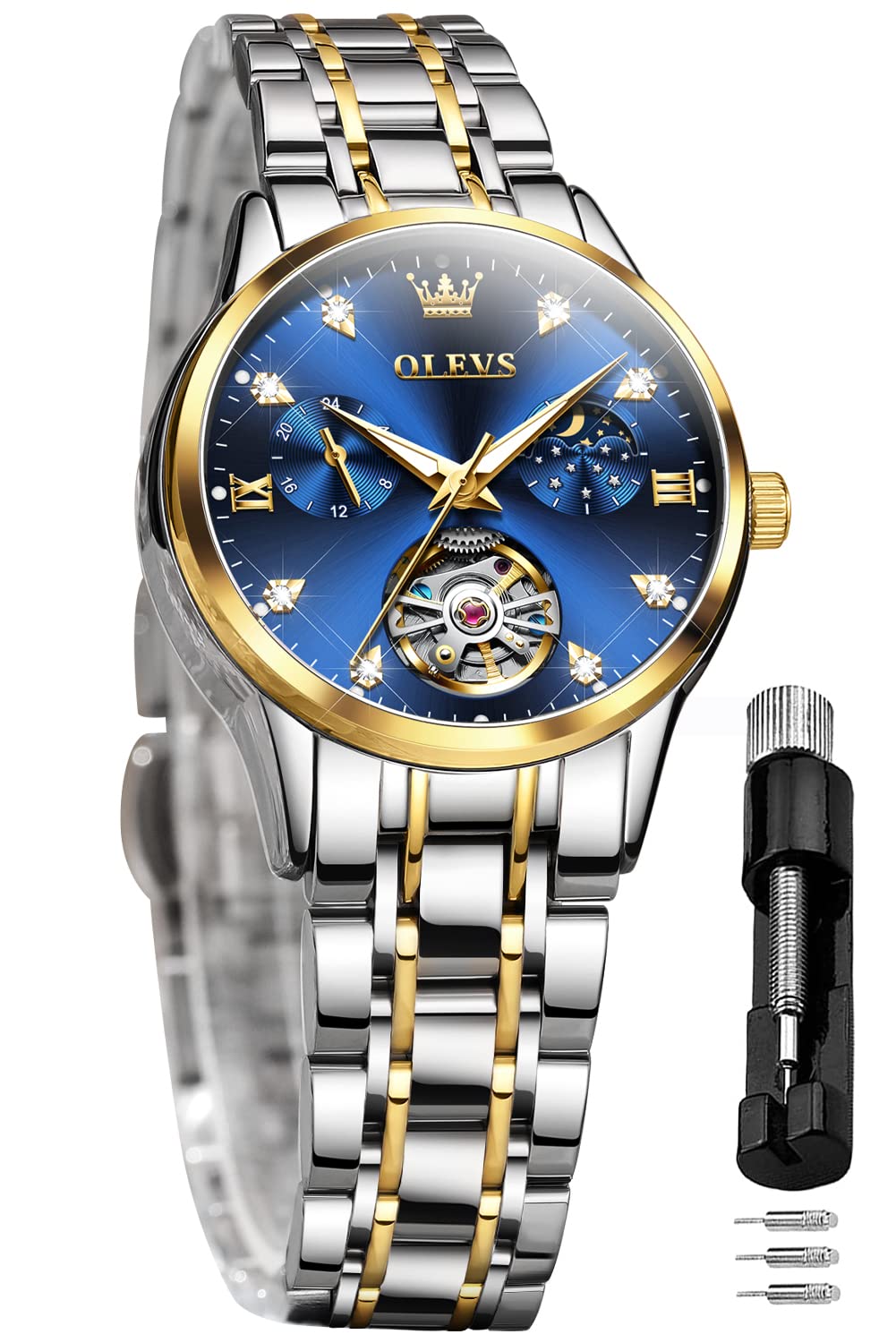 OLEVS Women's Automatic Watch Luxury Diamond Self Winding Dress Wrist Watch Moon Phase Stainless Steel Waterproof Luminous Blue dial reloj para Mujer (Blue)