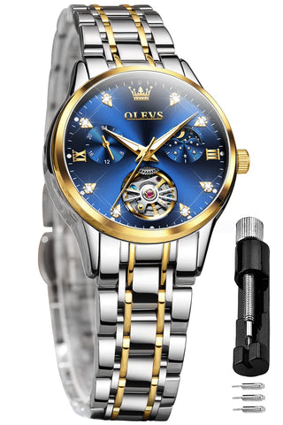 OLEVS Women's Automatic Watch Luxury Diamond Self Winding Dress Wrist Watch Moon Phase Stainless Steel Waterproof Luminous Blue dial reloj para Mujer (Blue)