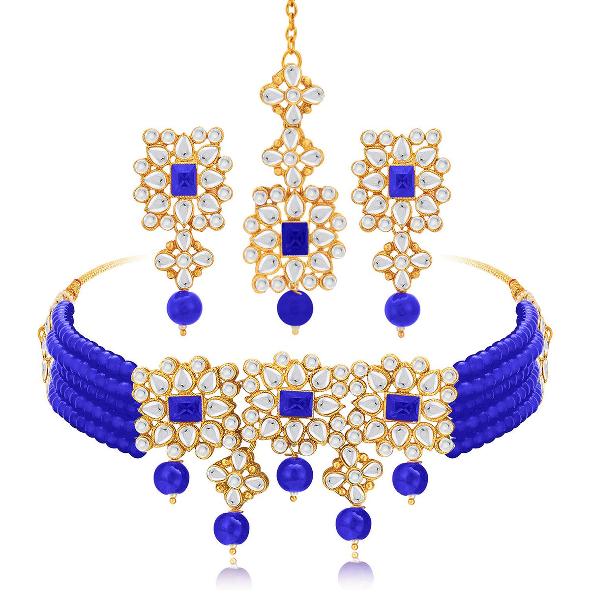 Aheli Ethnic Indian Necklace Earring Maang Tikka Set Traditional Bollywood Fashion Jewelry for Women Blue