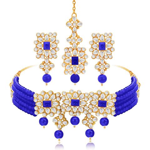Aheli Ethnic Indian Necklace Earring Maang Tikka Set Traditional Bollywood Fashion Jewelry for Women Blue