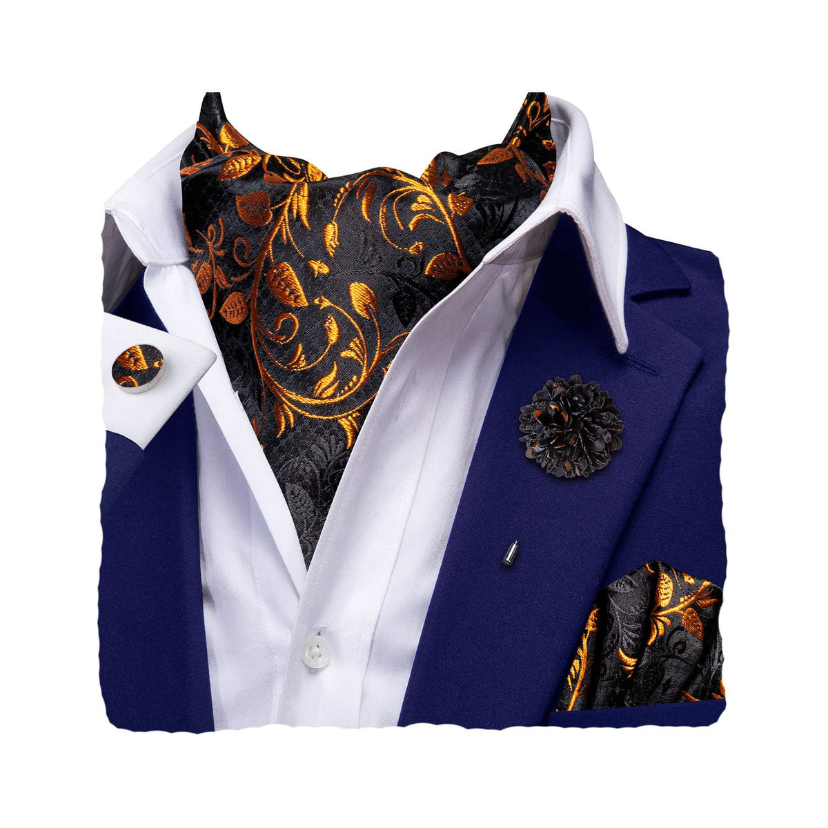 Hi-Tie Men's Cravat And Flower Lapel Pin Set Jacquard Silk Ascot Handkerchief Cufflinks For Wedding Party Daily Dress,Black and Gold Floral