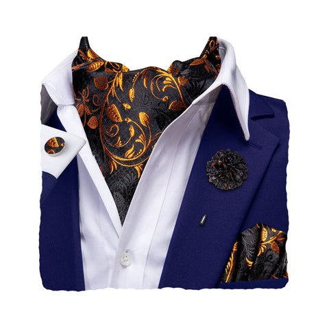 Hi-Tie Men's Cravat And Flower Lapel Pin Set Jacquard Silk Ascot Handkerchief Cufflinks For Wedding Party Daily Dress,Black and Gold Floral