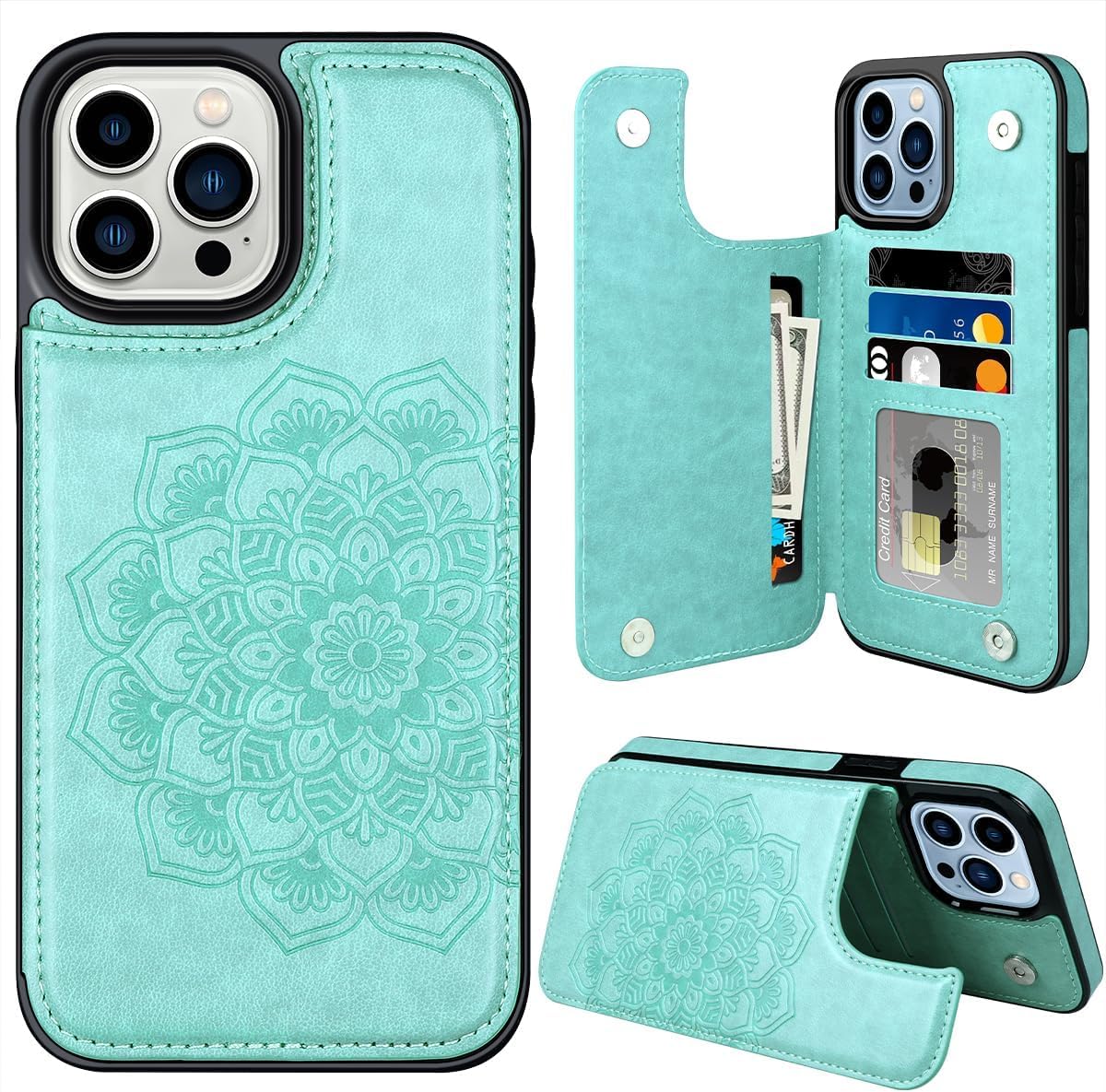XIMAND for iPhone 16 Pro Max Wallet Case with Credit Card Holder,RFID Blocking,PU Flower Leather Double Magnetic Clasp Kickstand Heavy Duty Protective Cover.(Green)