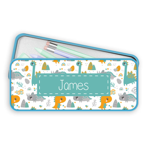 Print Maniacs Personalised Dinosaur Pencil Case Tin Kids Boys Girls Back to School Stationary Organizers Bag (Teal Dino, Blue Case)