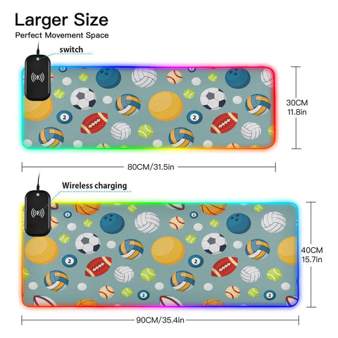 Basketball Football Volleyball Rugby Wireless Charging Mouse Pad for Mobile Phone Extra Large Gaming Mousepad with 13 Lighting Modes Keyboard Mat for Gaming MacBook PC Laptop Desk Home Office