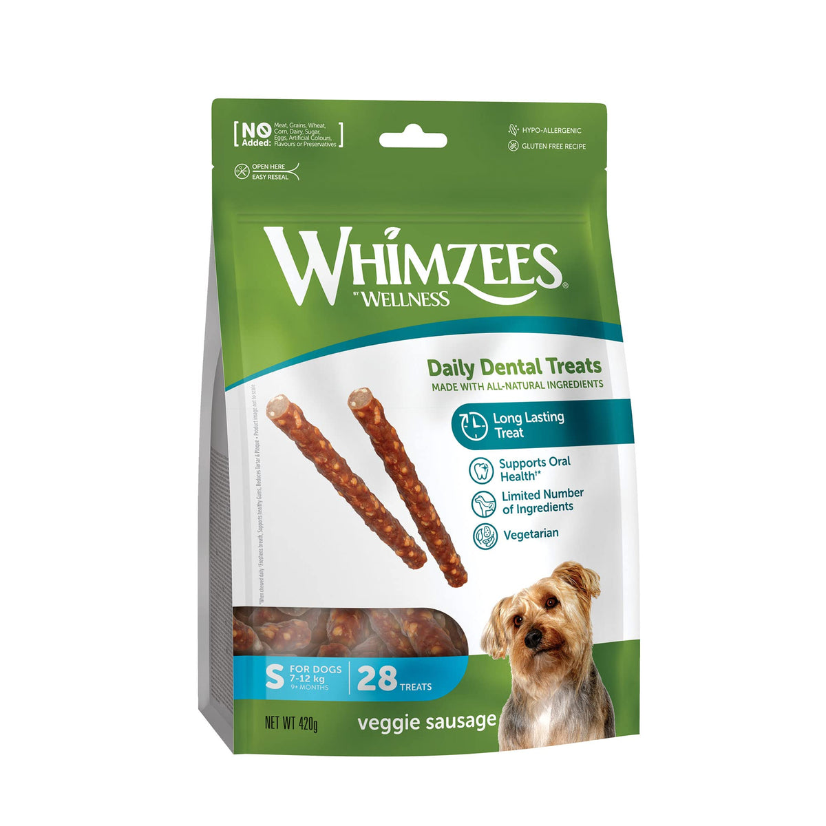 WHIMZEES By Wellness Veggie Sausage, Natural and Grain-Free Dog Chews, Dog Dental Sticks for Small Breeds, 28 Pieces, Size S