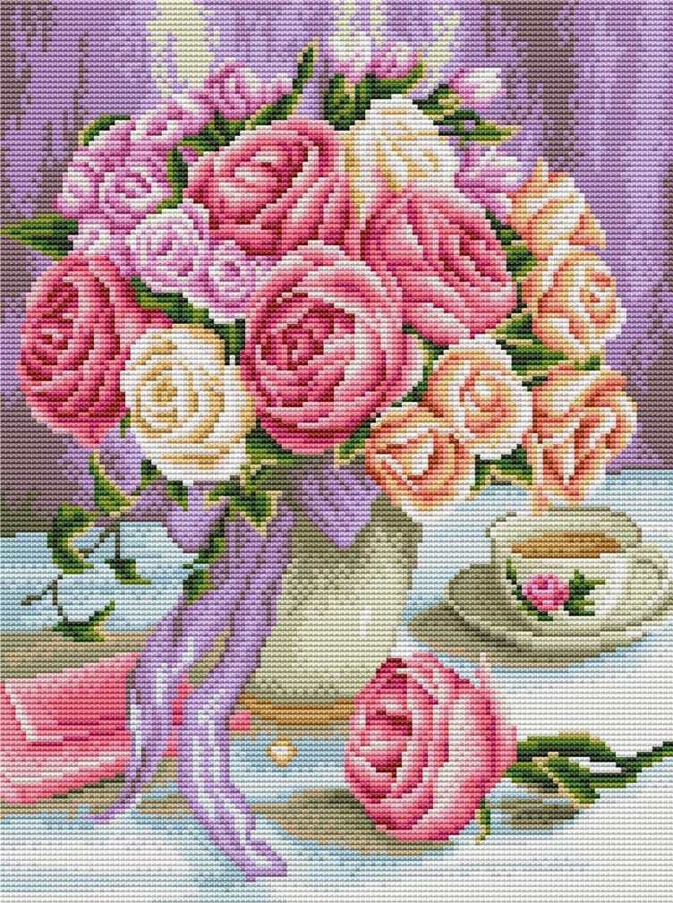 Abillyn Embroidery Cross Stitch Kits White Pink Roses in Vase Stamped with Printed Pattern Starter Kit (Rose)