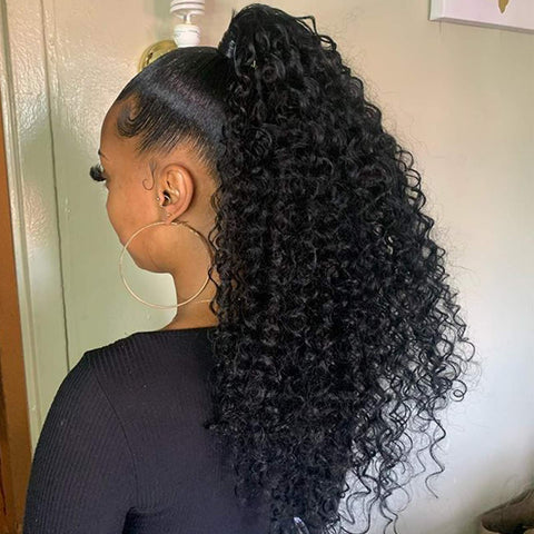 Yebo Drawstring Ponytail Afro Kinky Curly Ponytail Extension Short 16 Inch Synthetic Curly Ponytail Hair Pieces Natural Black for African American Women?#1B/16Inch
