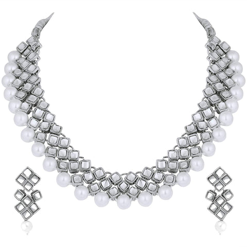 Aheli Stylish Bollywood Wedding Party Wear Necklace Earring Set Indian Ethnic Traditional Jewelry for Women (Silver)