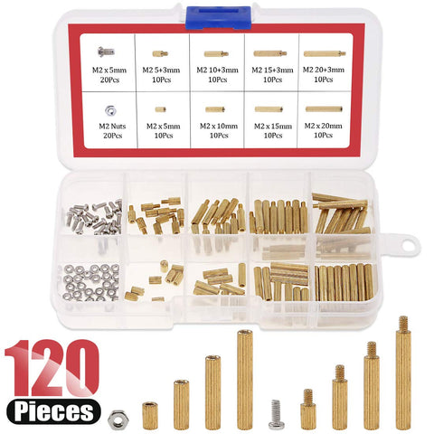 Hilitchi 120pcs M2 Male Female Brass Spacer Standoff Screw Nut Assortment Kit(Brass M2)