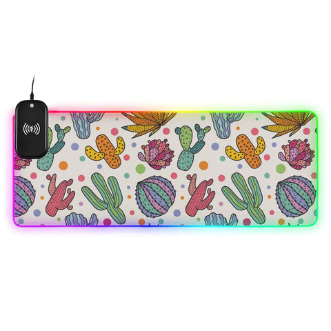 Cute Cactus Wireless Charging Mouse Pad for Mobile Phone Extra Large Gaming Mousepad with 13 Lighting Modes Extended Desk Mat for MacBook Laptop Desk Office Home Gaming