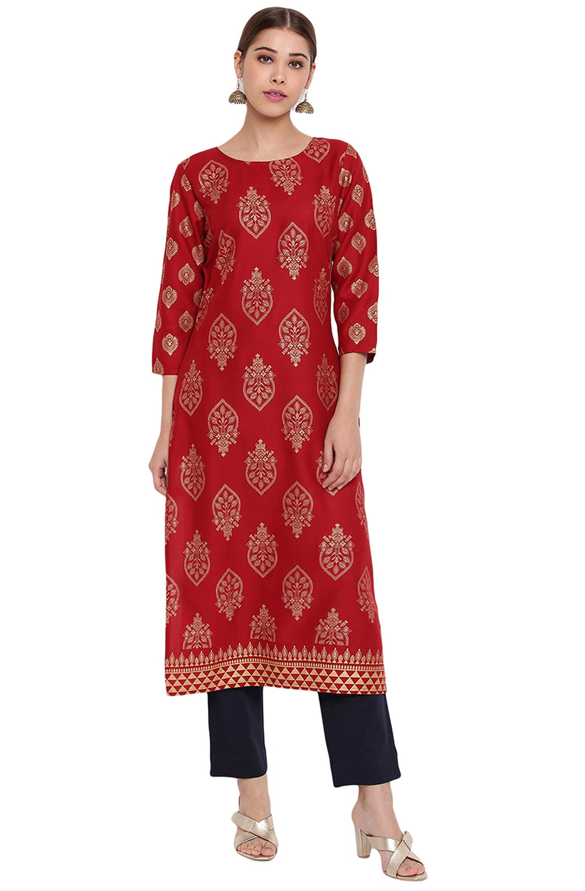 Janasya Indian Women's Maroon Rayon Kurta, Maroon, XS