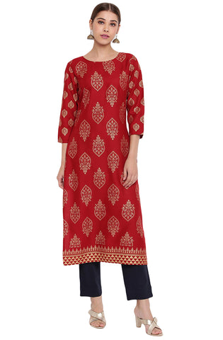 Janasya Indian Women's Maroon Rayon Kurta, Maroon, XS