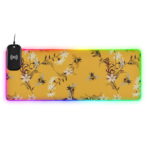 Bee Butterfly Flowers Wireless Charging Mouse Pad for Mobile Phone Extra Large Gaming Mousepad with 13 Lighting Modes Computer Mat for Office Home Gaming MacBook PC Laptop Desk