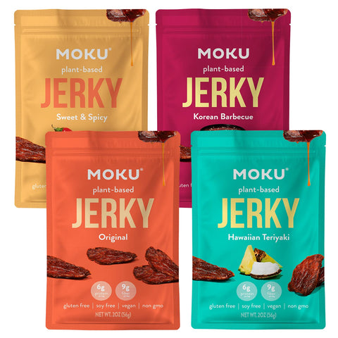 Moku Plant-Based Mushroom Jerky, Hawaiian Teriyaki, Sweet and Spicy, Original (4 Pack) Vegan Jerky, Gluten Free, Soy-Free, Non-Gmo Vegan Snacks, Vegan Meat No Artificial Sweetener Vegan Food, 2.0 Oz Ea - Variety Pack