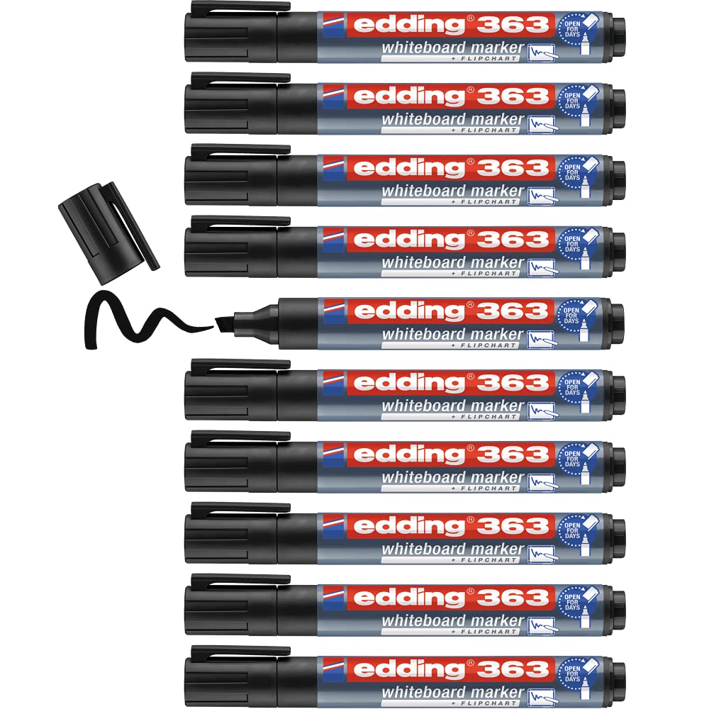 edding 363 whiteboard marker - black - 10 whiteboard pens - chisel tip 1-5 mm - whiteboard pen dry wipe - for whiteboards, flipcharts, pinboards, magnetic and memo boards - sketchnotes - refillable