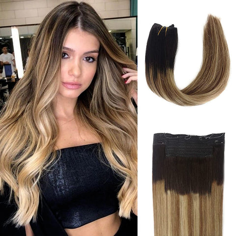 Halos Hair Extension Real Human Hair Dark Brown Balayage Blonde Halos Remy Human Hair Extensions Ombre Colored Invisible Wire Hair Extensions 18" 80g One piece Secret Fish Line Wire Hair Extensions