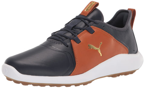 PUMA Men's Ignite Fasten8 Crafted Golf Shoe, Navy Blazer/Gold/Leather Brown, 11.5