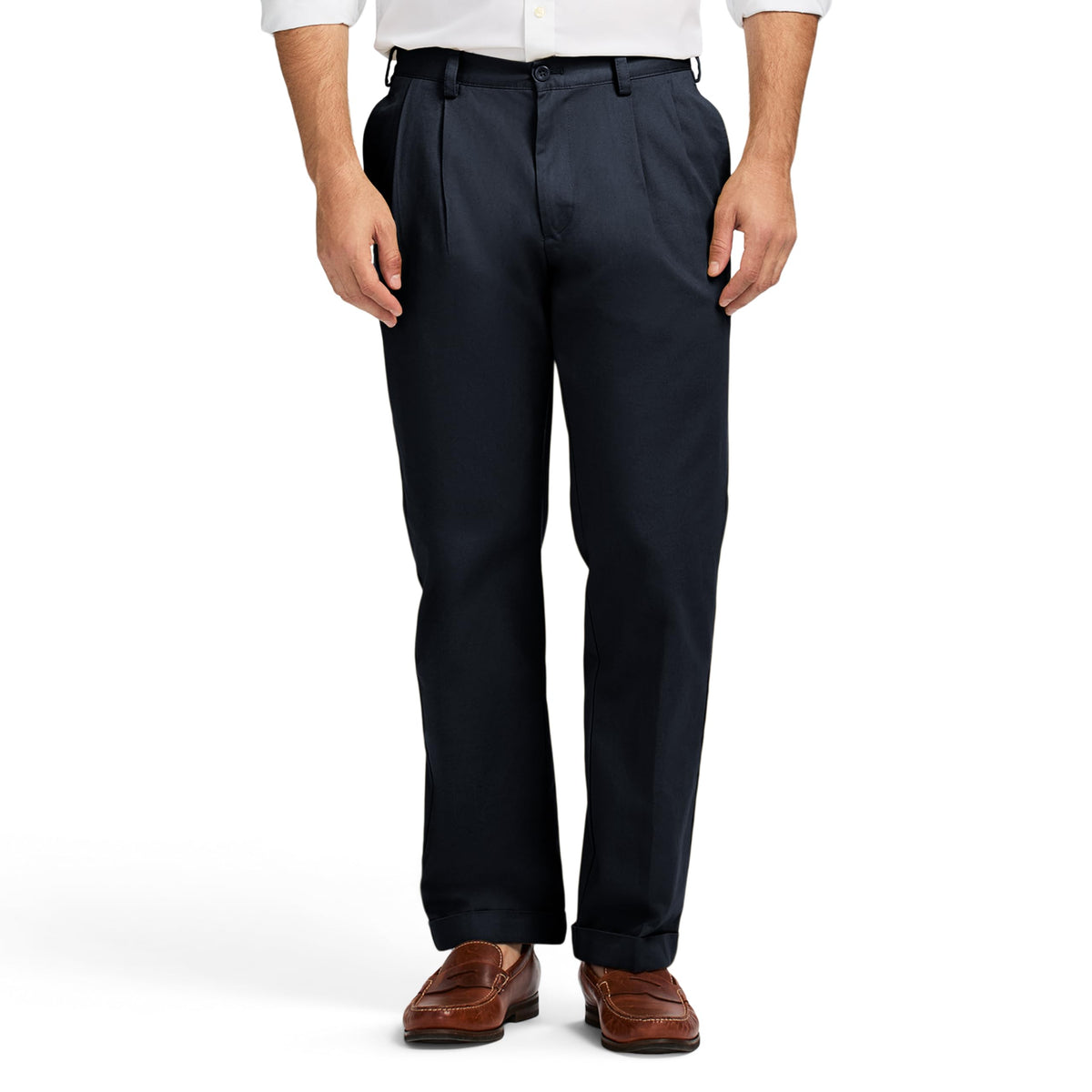 IZOD Men's American Chino Double Pleated Pant, Navy, 36W x 34L