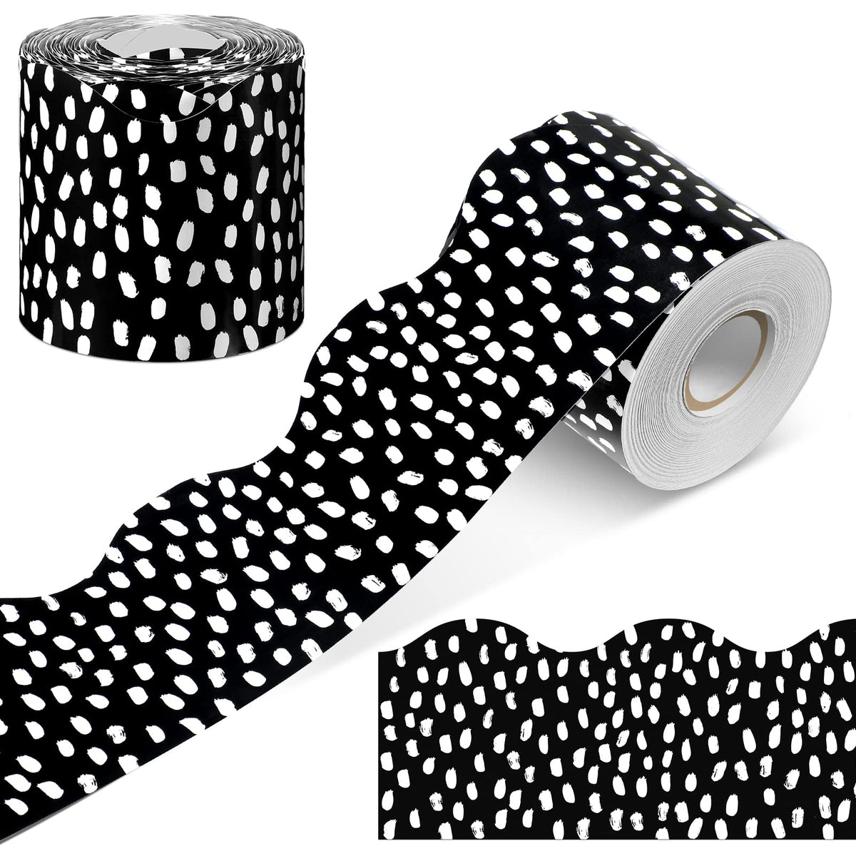 Zonon 65 Feet Bulletin Board Borders Black and White Polka Dots Striped Grid Borders Decorative Straight Wavy Rolled Border Trim Borders Classroom Back to School Decor(Wavy White Dot)