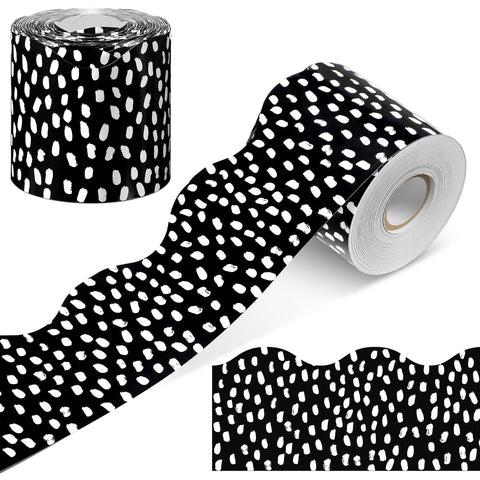 Zonon 65 Feet Bulletin Board Borders Black and White Polka Dots Striped Grid Borders Decorative Straight Wavy Rolled Border Trim Borders Classroom Back to School Decor(Wavy White Dot)