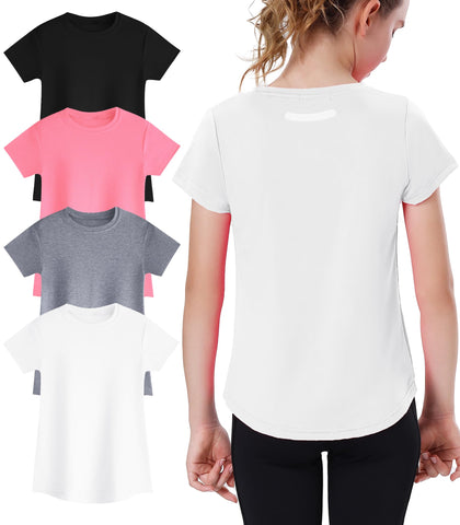 EXARUS 4 Pack Girls Athletic Shirts Quick Dry Short Sleeve Tshirts Crewneck Tee Workout Activewear Tops for Kids 8-16Y Set 7 8Y