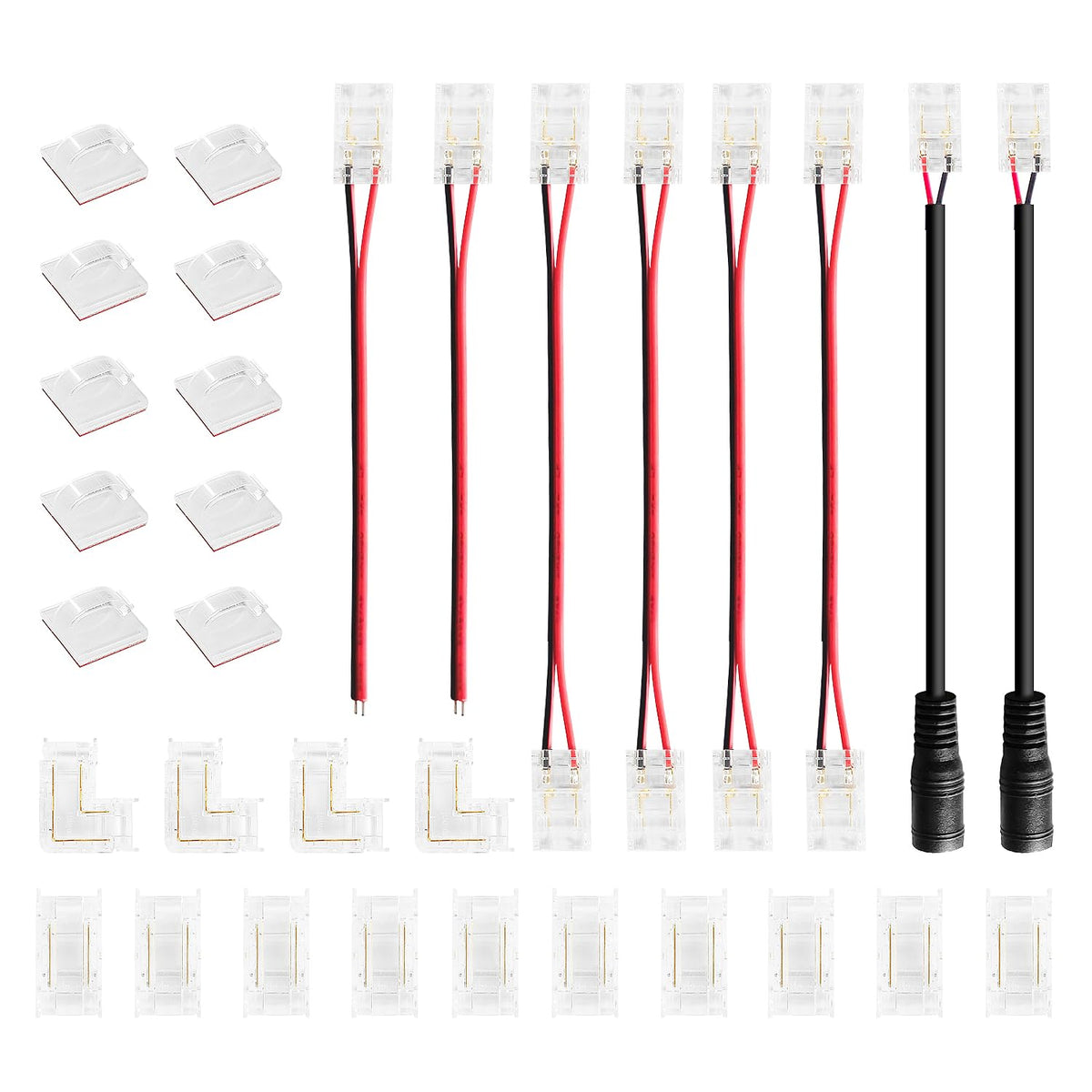 iNextStation COB LED Strip Solderless Connectors 2 Pin Kit 32Pcs, 10 Gapless Connector, 6 Connector with Wire, 2 DC Connector, 4 L-Shaped Connector, 10 Adhesive Fixing Clip for 8mm COB LED Strip
