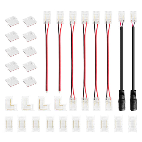 iNextStation COB LED Strip Solderless Connectors 2 Pin Kit 32Pcs, 10 Gapless Connector, 6 Connector with Wire, 2 DC Connector, 4 L-Shaped Connector, 10 Adhesive Fixing Clip for 8mm COB LED Strip